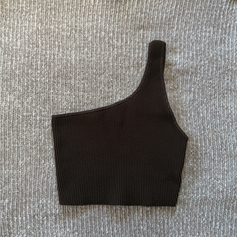 Aritzia One-Shoulder Ribbed Crop Top in Dark Brown